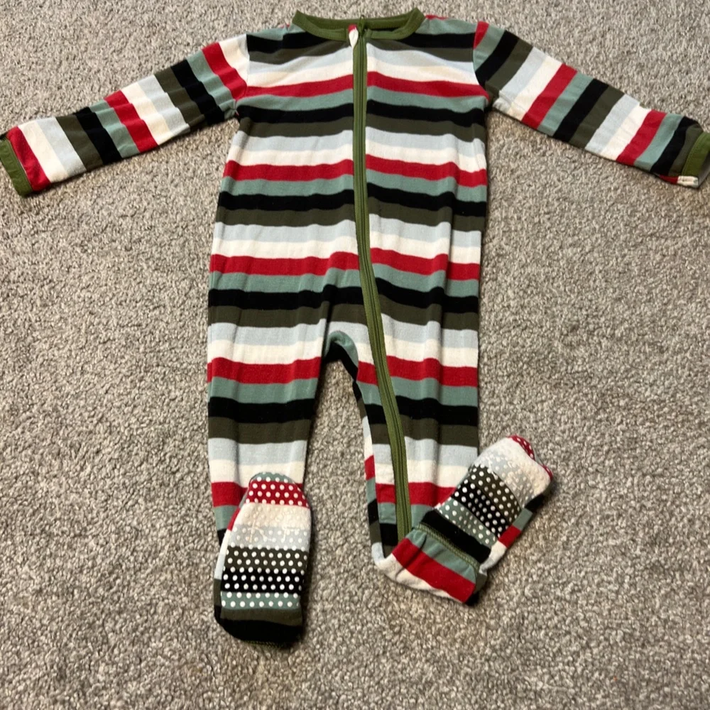 Kickee pants sleeper baby boy 6-9M green red stripes bamboo stretch zip unisex‎
